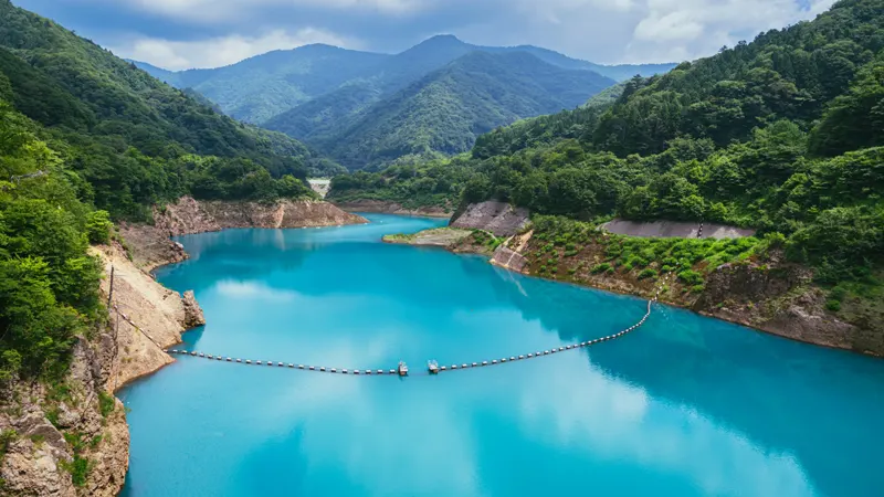 Vivid blue water of Shima Blue Lake