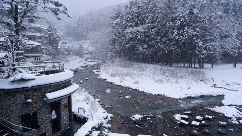 Snow-covered landscape of Shima Onsen in winter