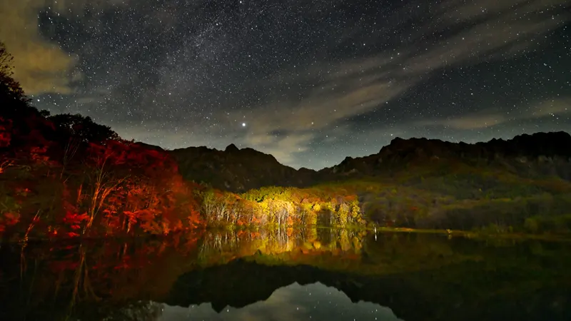 Beautiful Mirror Pond under a starry sky