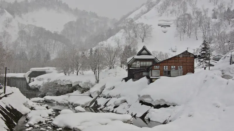 Snow-covered ryokan in winter