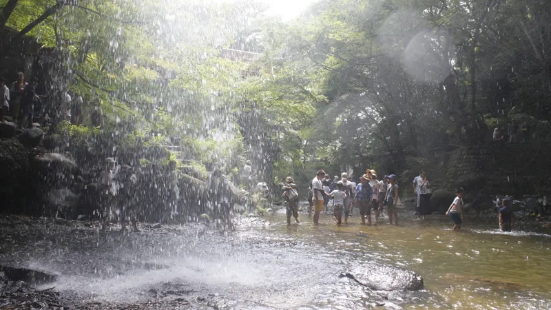 Tourists enjoying near waterfall