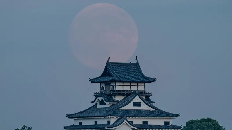 Full moon rising behind Inuyama Castle
