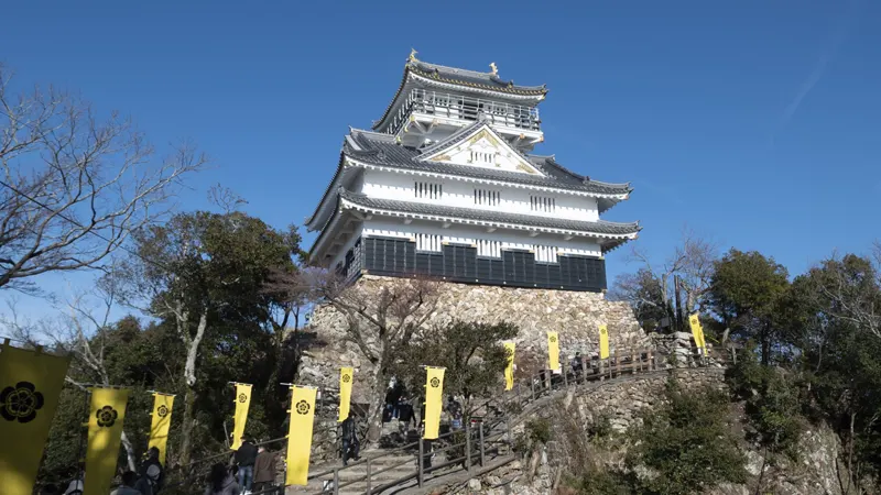 Tourists climbing steps to Gifu Castle