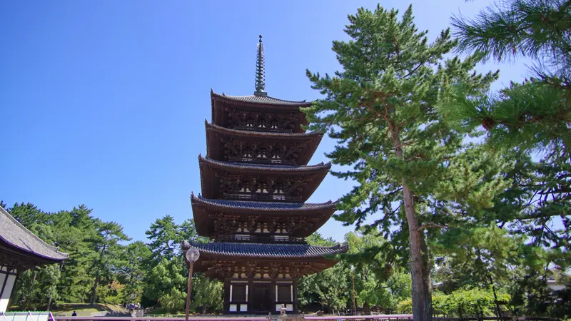 Five-storied pagoda under blue sky in Nara