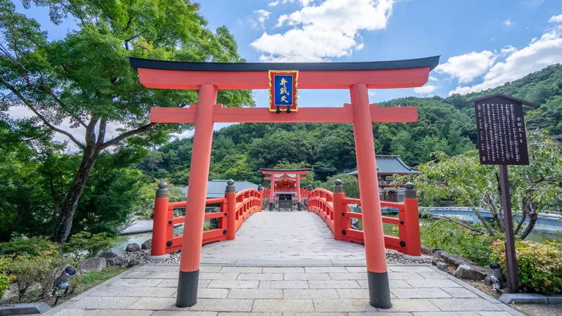 red bridge and torii