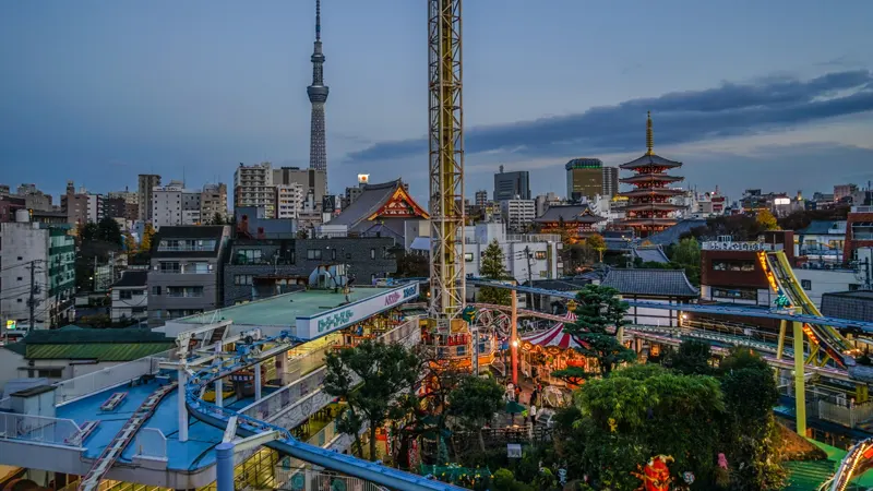 Hanayashiki rooftop view pagoda