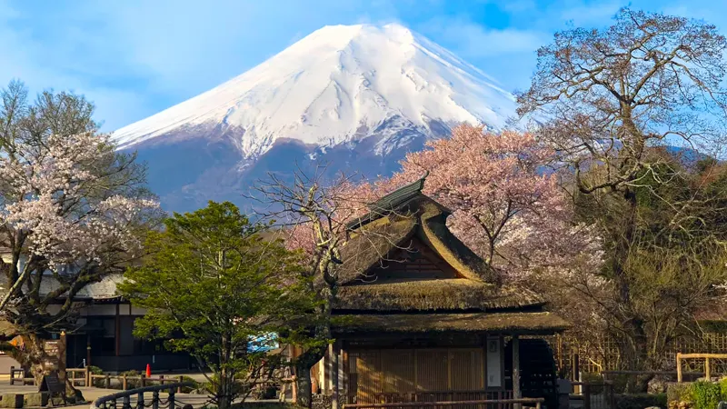 Oshino Hakkai with Mount Fuji backdrop