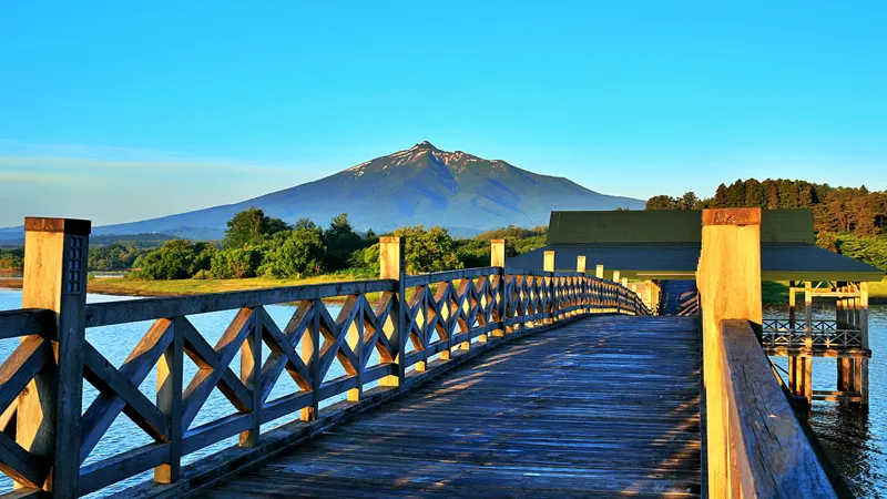 Mount Iwaki behind bridge