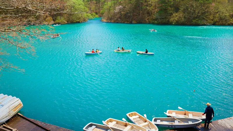 spring rowboat on lake surface
