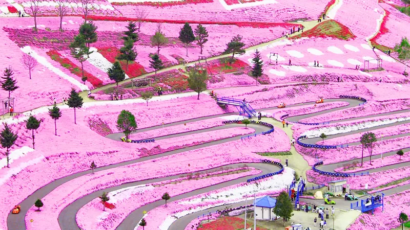 Shibazakura patterns on hillside slope